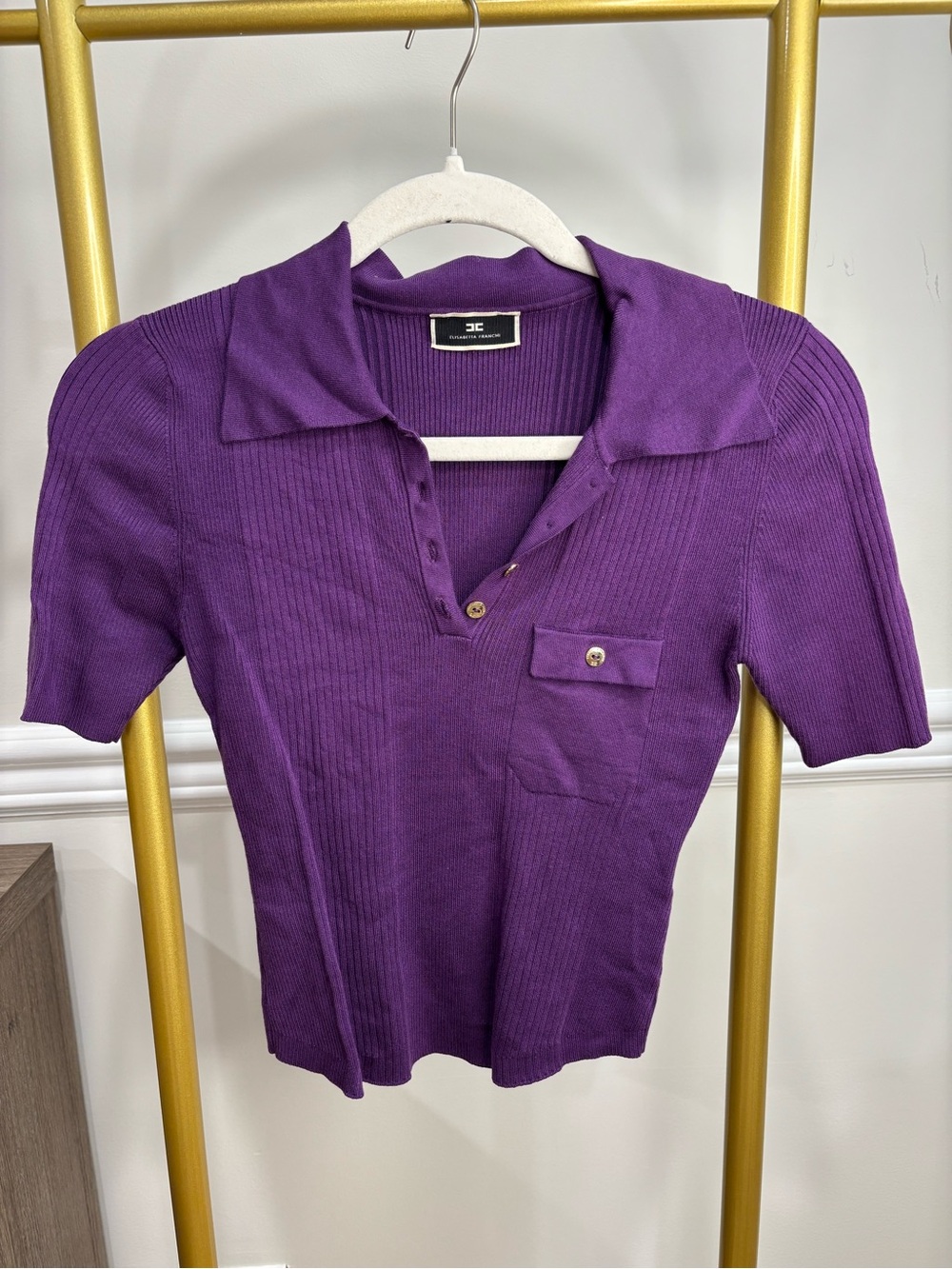 Elisabetta Franchi Purple Ribbed Short Sleeve Polo Tee with Chest Pocket